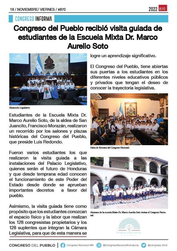 Congreso del Pueblo recibió visita guiada de estudiantes de la Escuela Mixta Dr. Marco Aurelio Soto